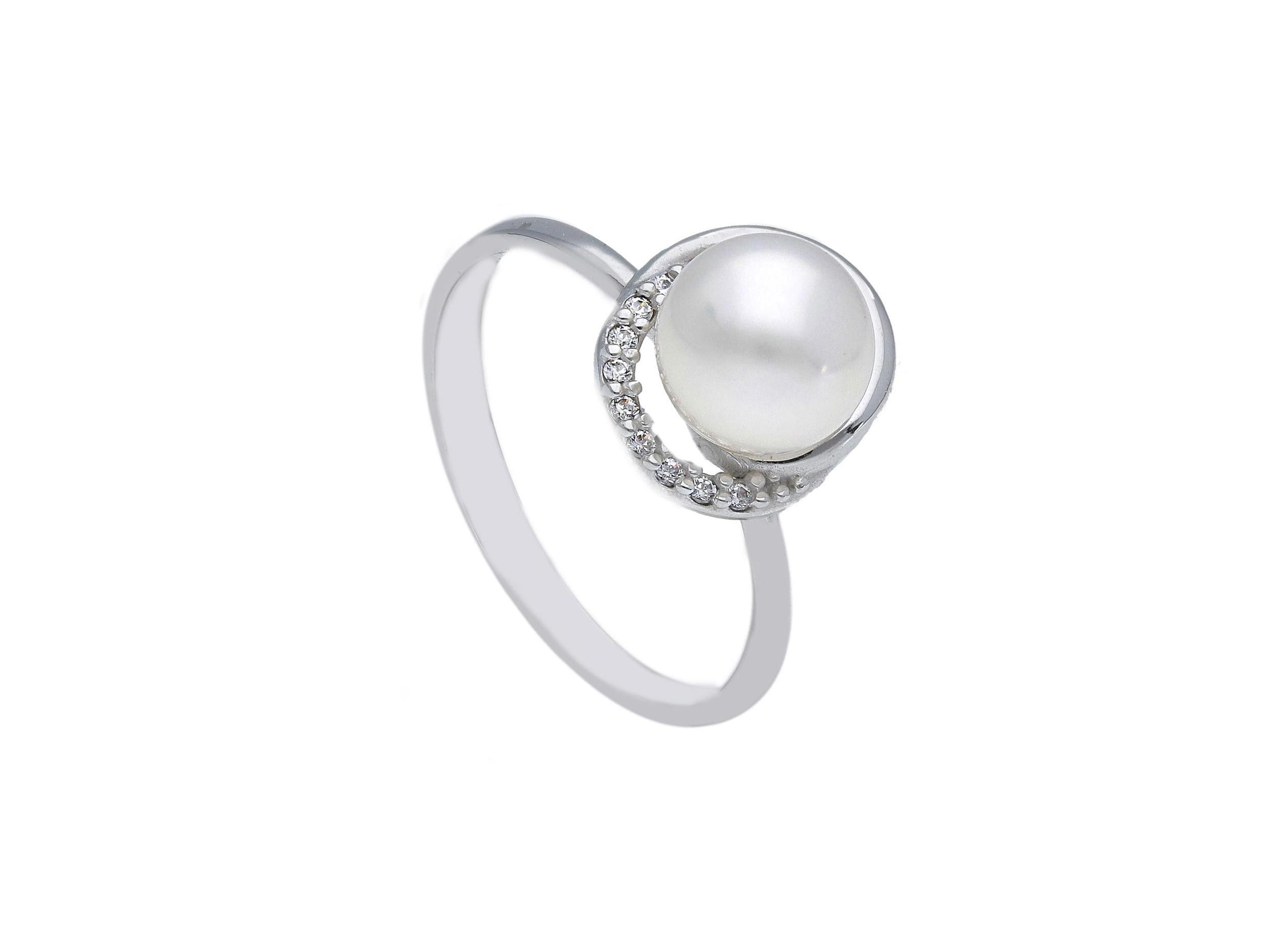 White gold k9 ring eith pearl and zirkon (S173608)
